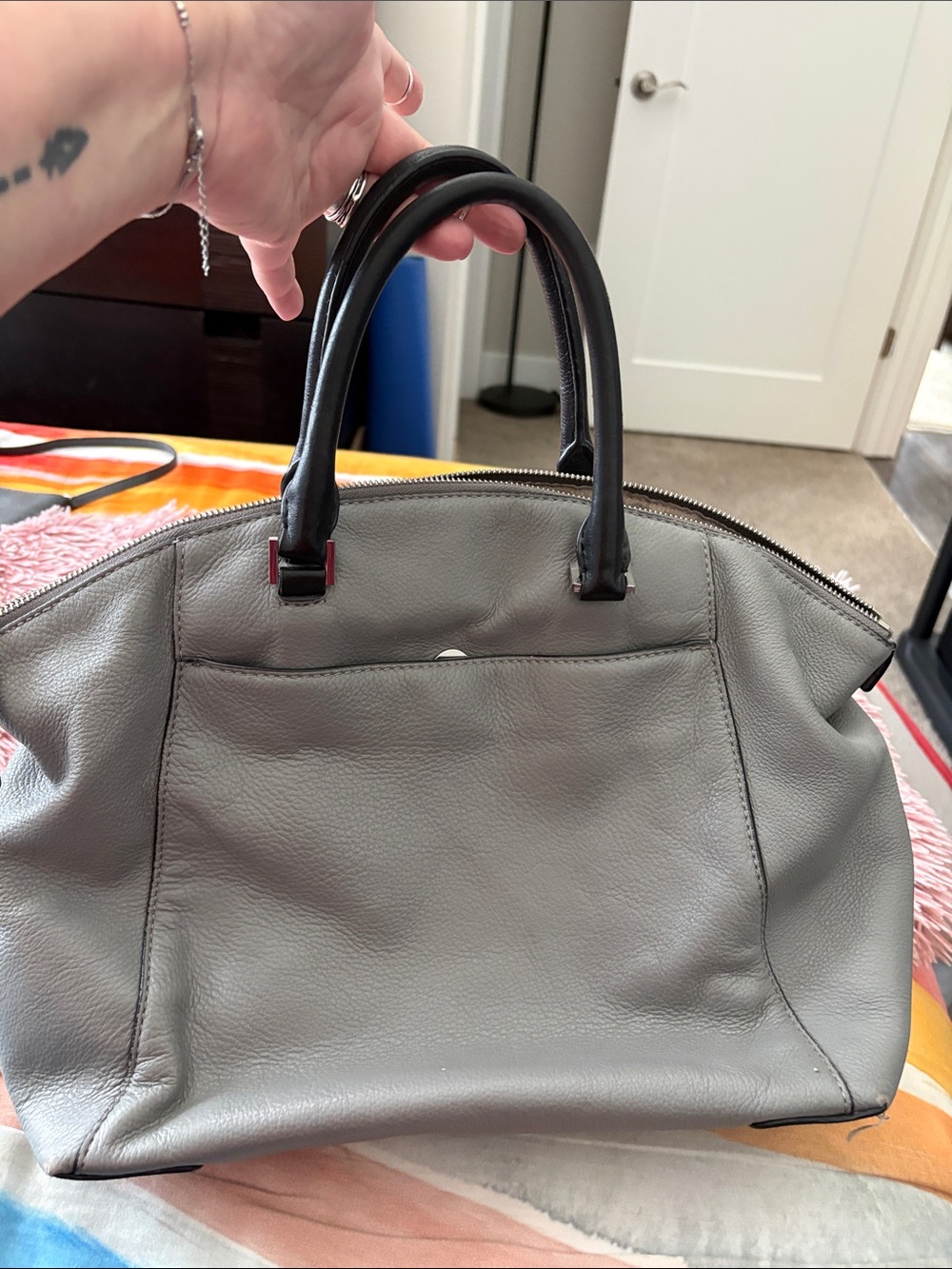 Michael Kors Gray Leather Satchel with Black Handles and Logo Charm - Picture 6 of 11